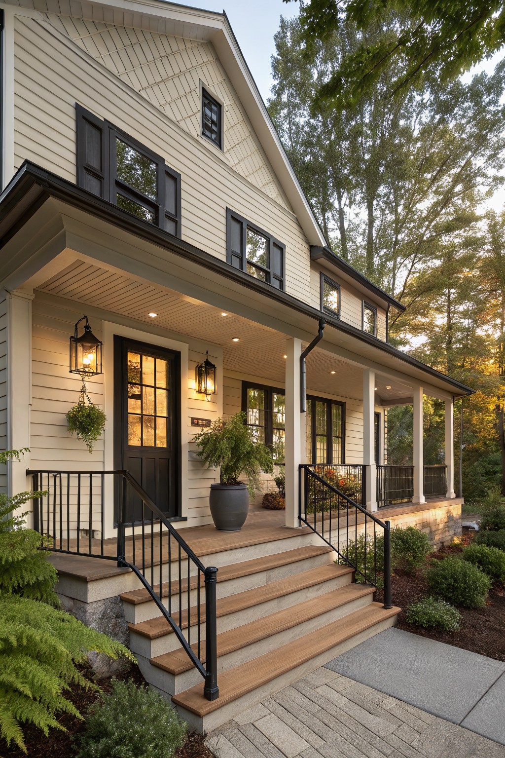 A modern farmhouse with creamy white siding and black window frames.