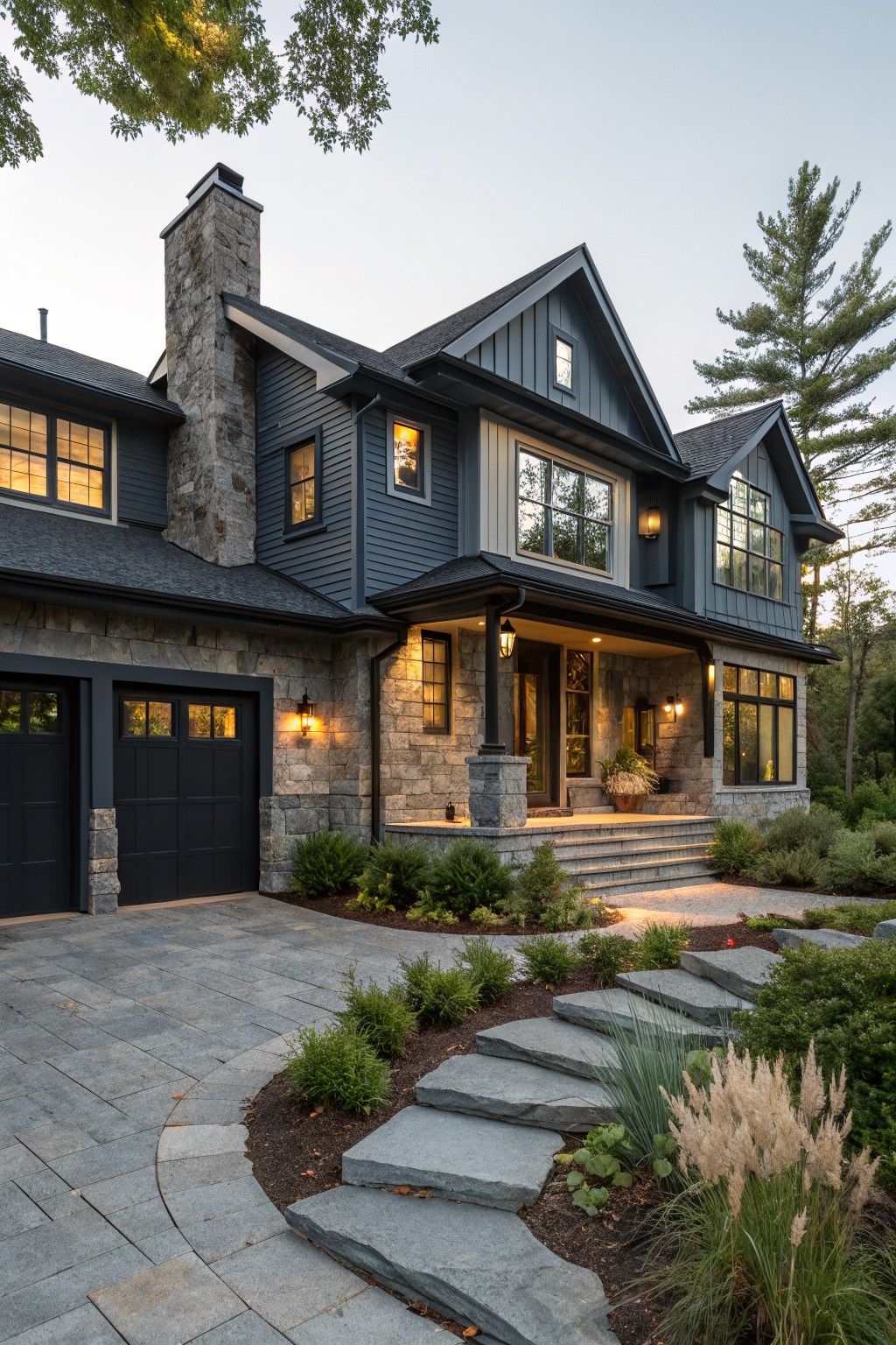 Modern farmhouse exterior with dark blue gray siding and stone foundation.