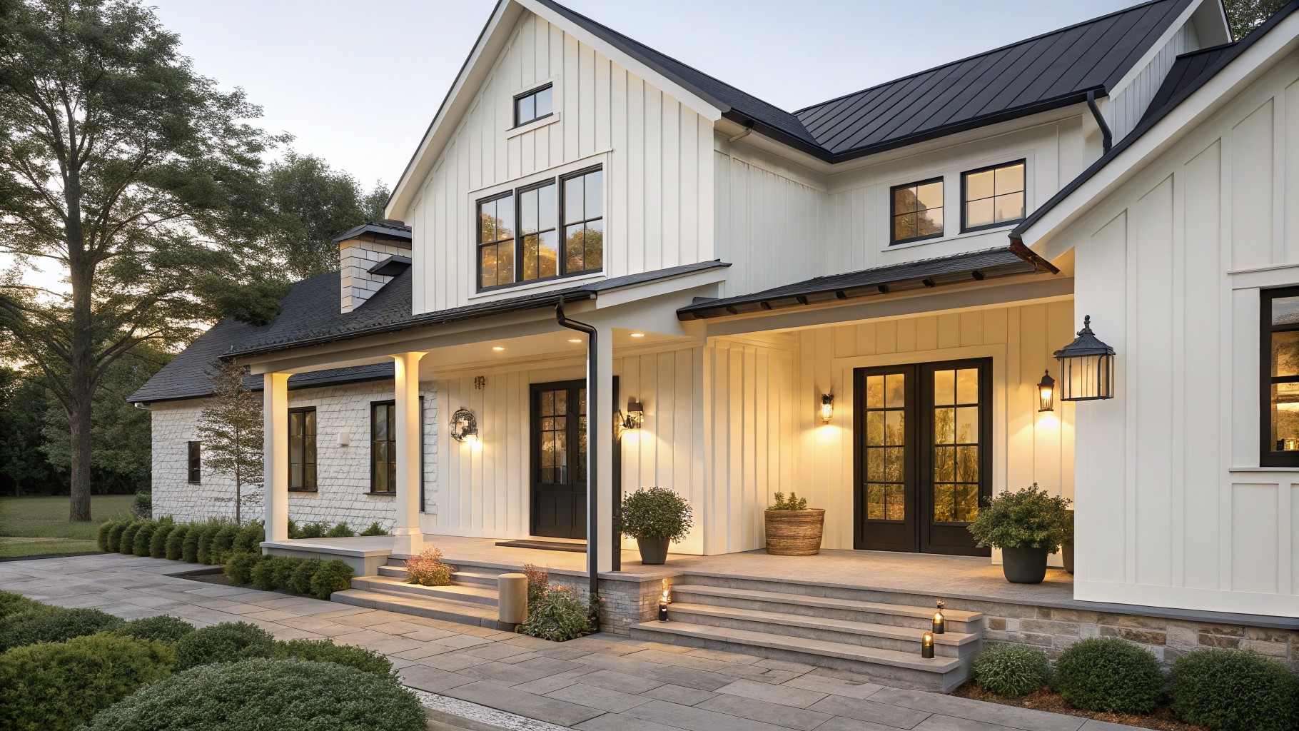White siding on a modern farmhouse exterior with black trim.