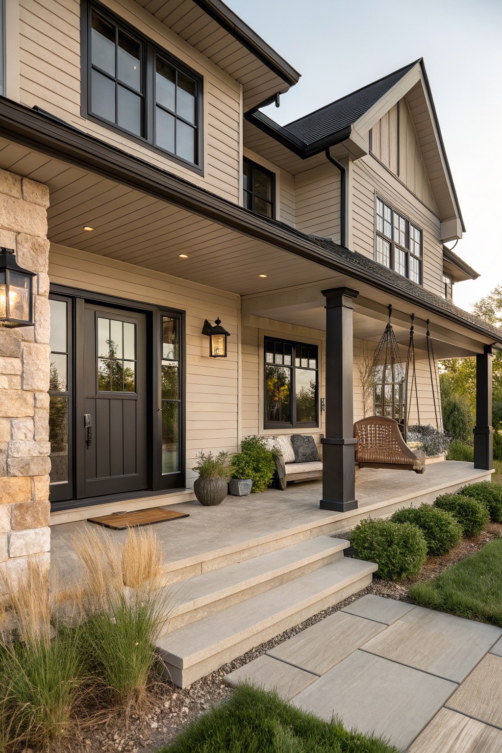 Light greige siding on a modern farmhouse with black trim and a covered porch.