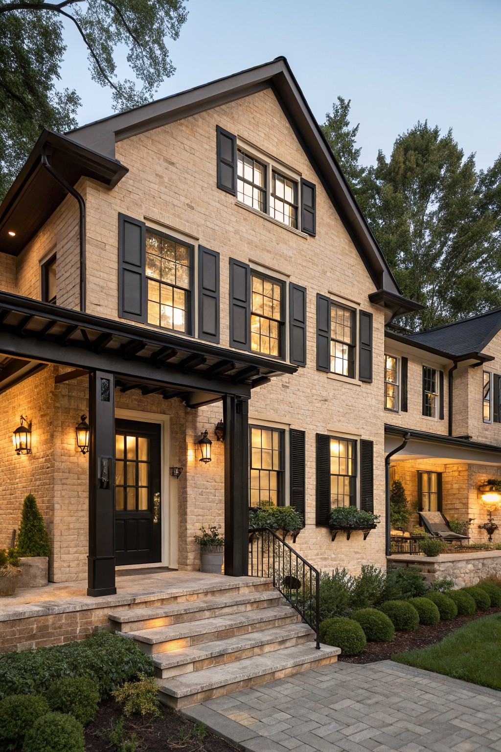 A modern farmhouse exterior with warm beige siding and black window trim.
