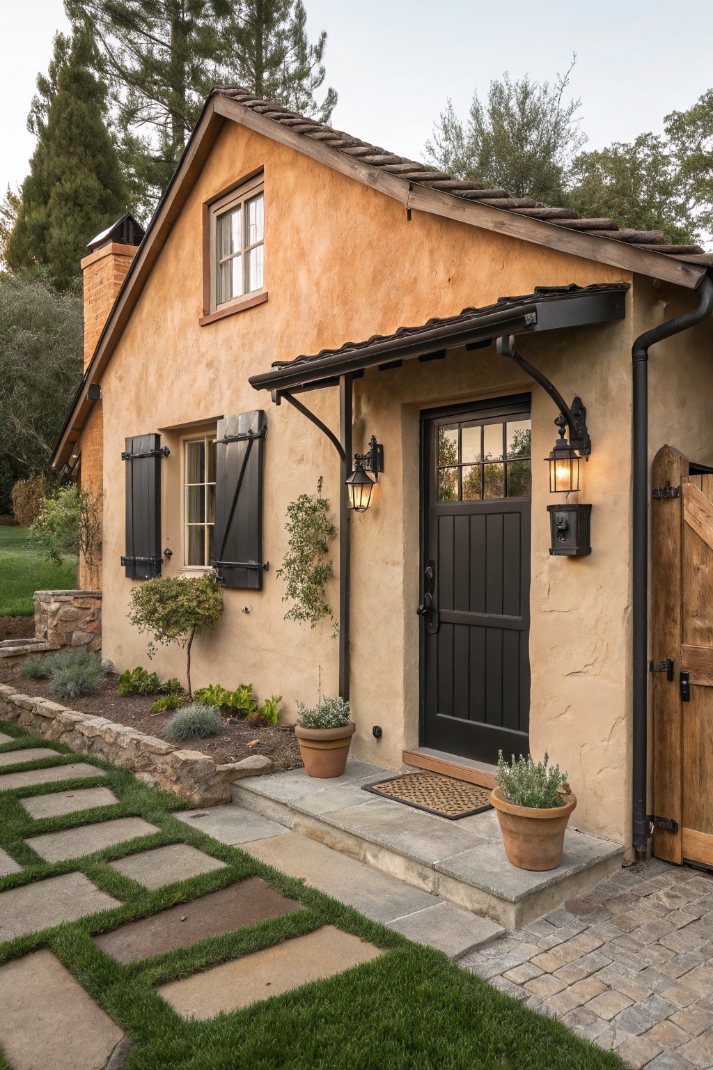 Warm terracotta stucco on a modern farmhouse exterior with black accents.