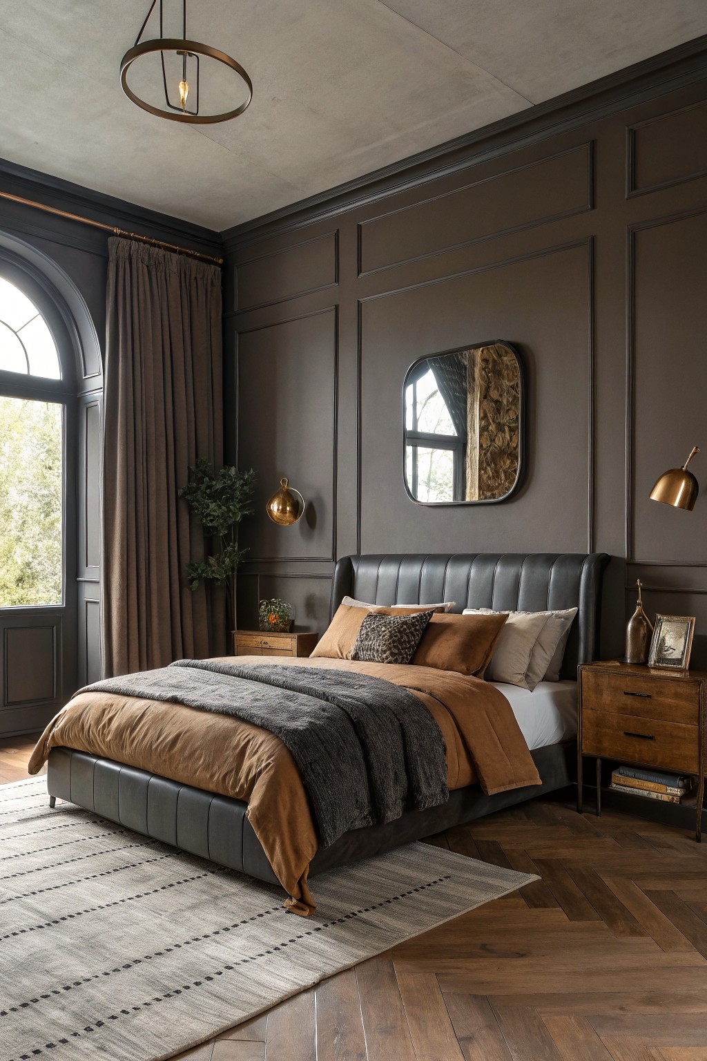 A bedroom featuring deep greige walls with wood flooring and a dark upholstered bed.
