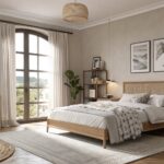 Soft greige walls in a modern neutral bedroom with wood furniture and large windows.