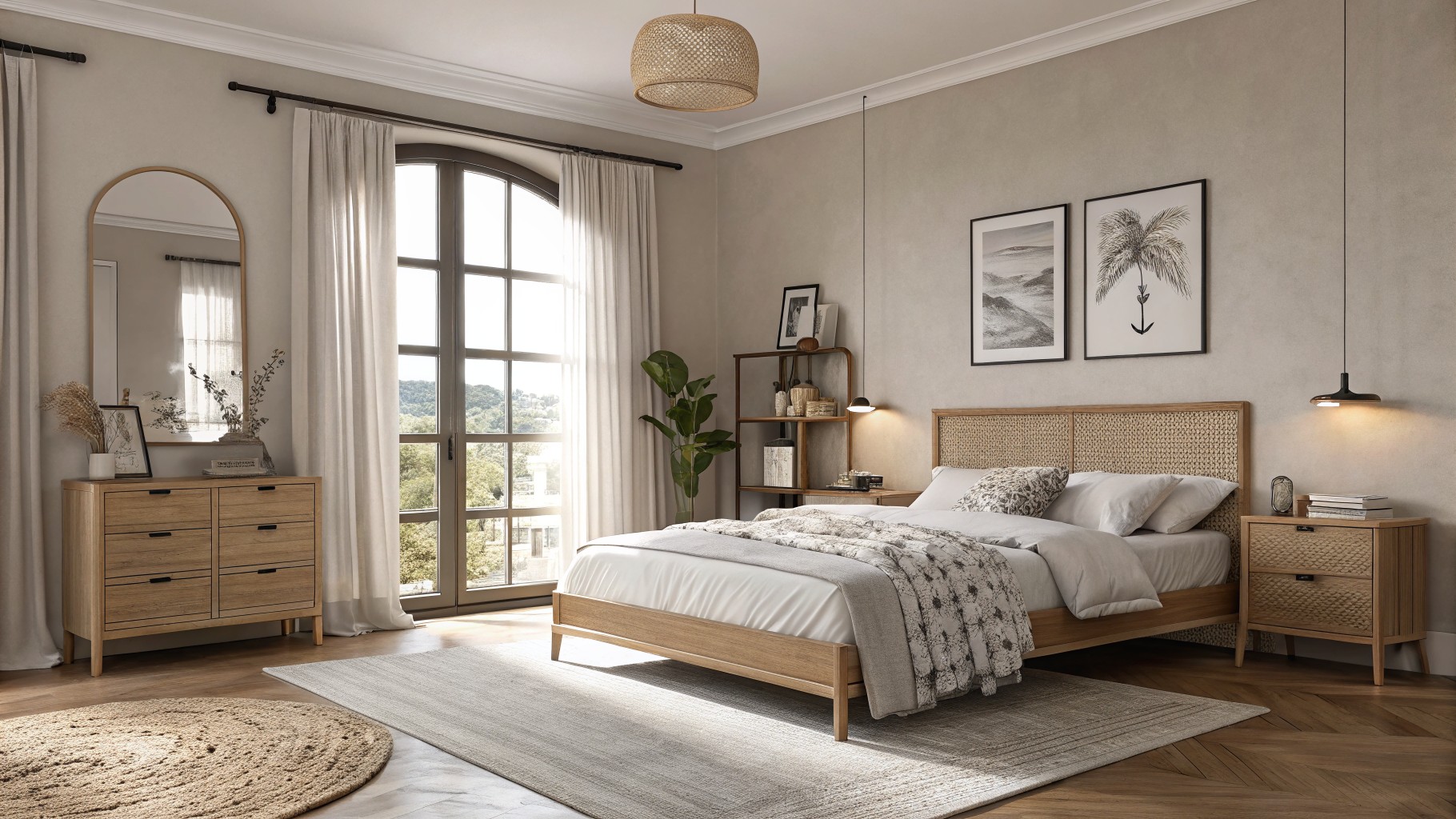 Soft greige walls in a modern neutral bedroom with wood furniture and large windows.