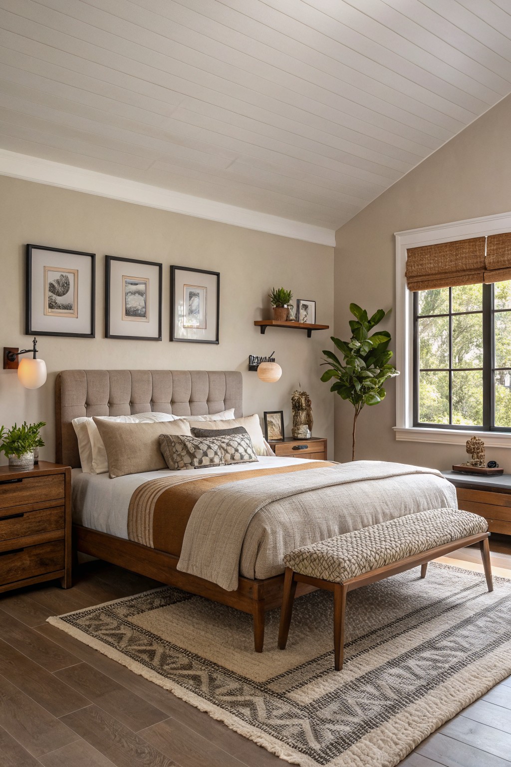 Bedroom walls painted in a soft greige neutral color.