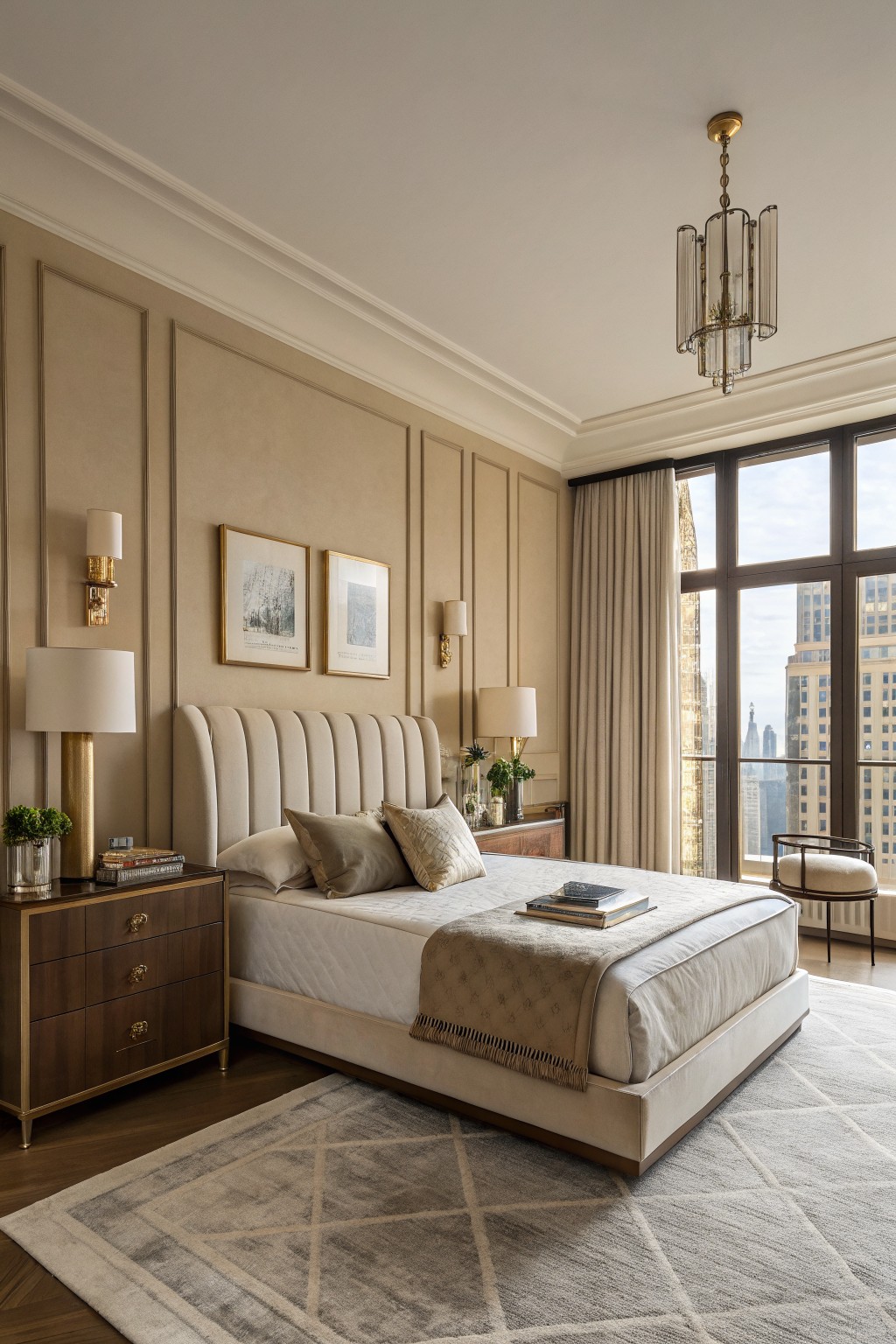 Bedroom walls painted in a soft greige with wood furniture and tall windows.