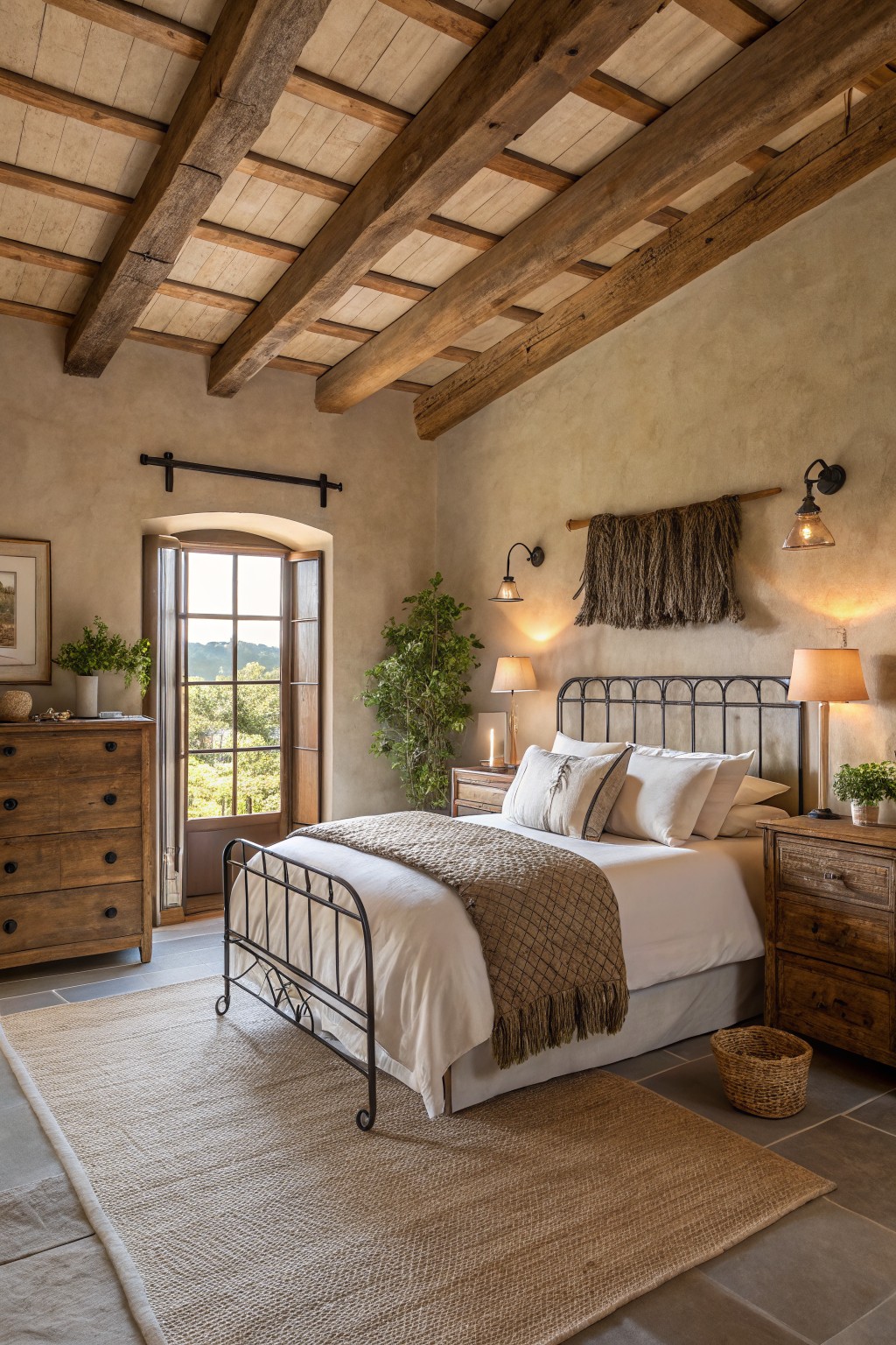 Bedroom walls painted in a soft greige with exposed wood beams overhead.