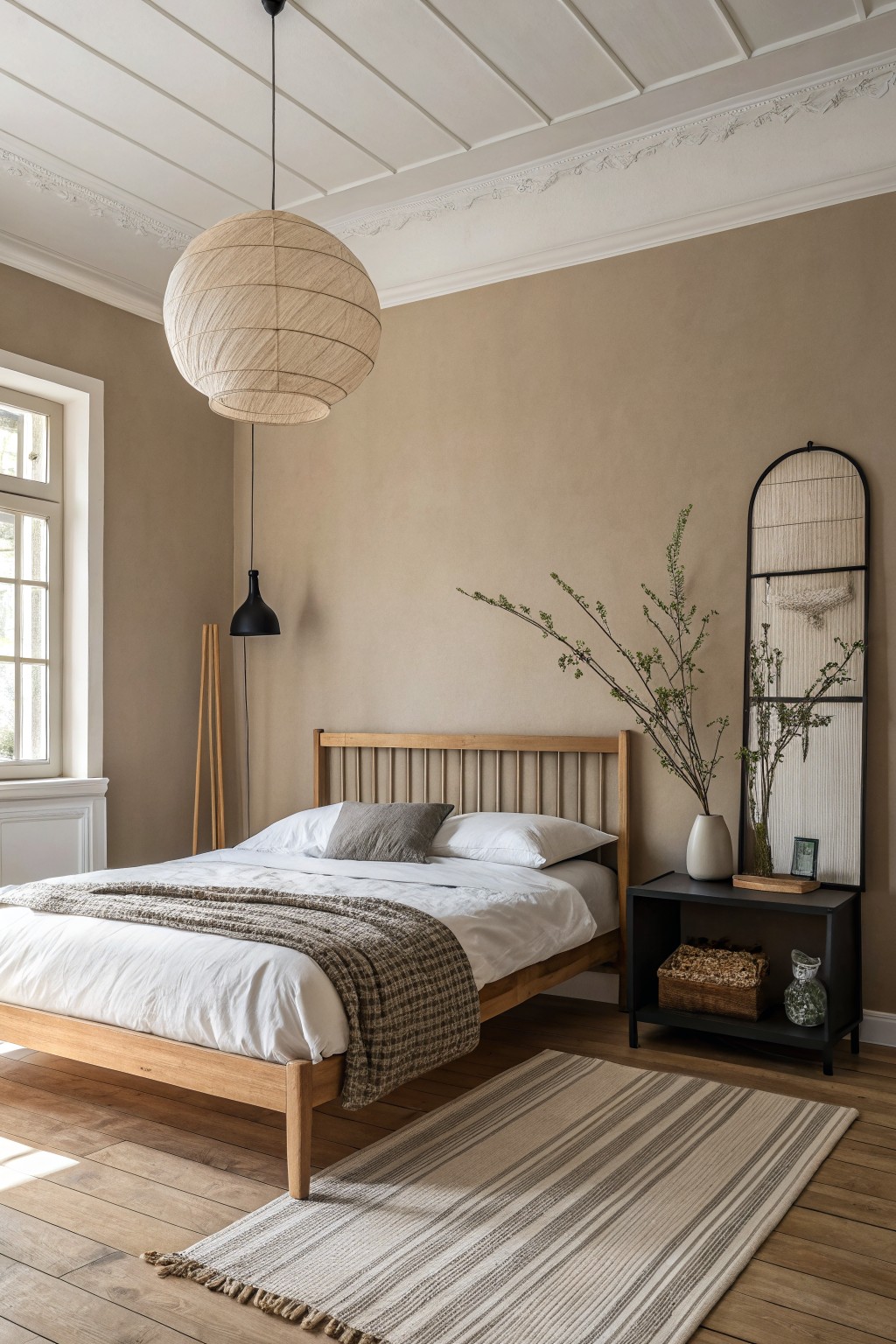 Serene bedroom with light wood bed, large spherical pendant, and striped rug