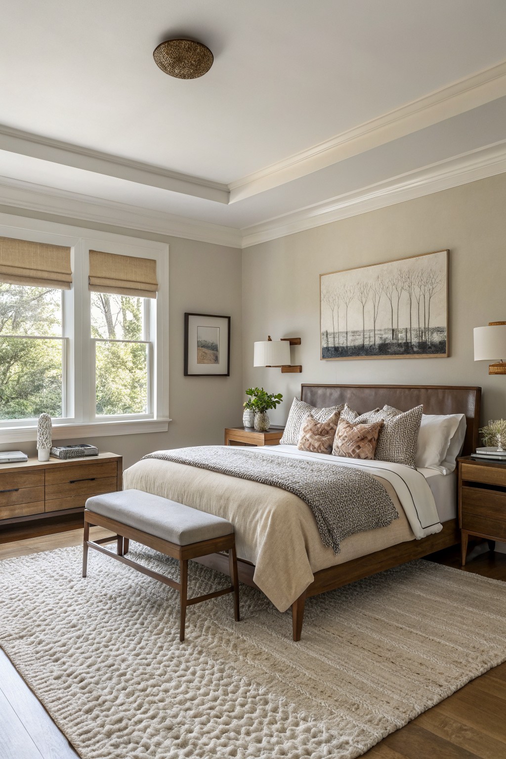 Bedroom walls painted in a soft greige color.