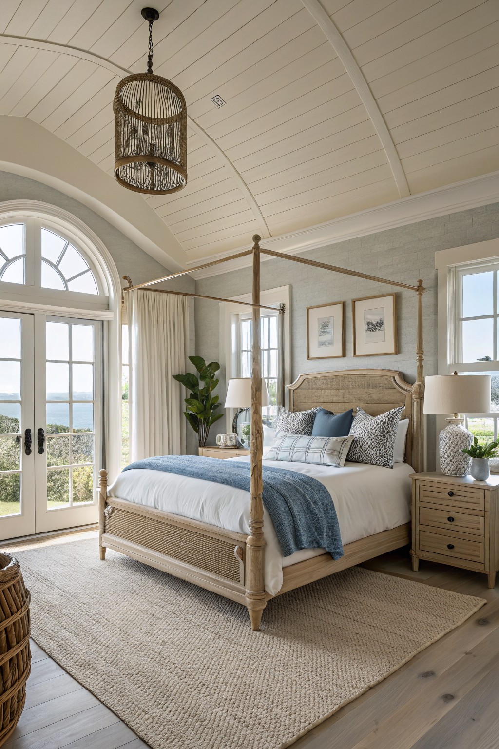 A bedroom featuring soft greige walls with light wood furniture and a canopy bed.