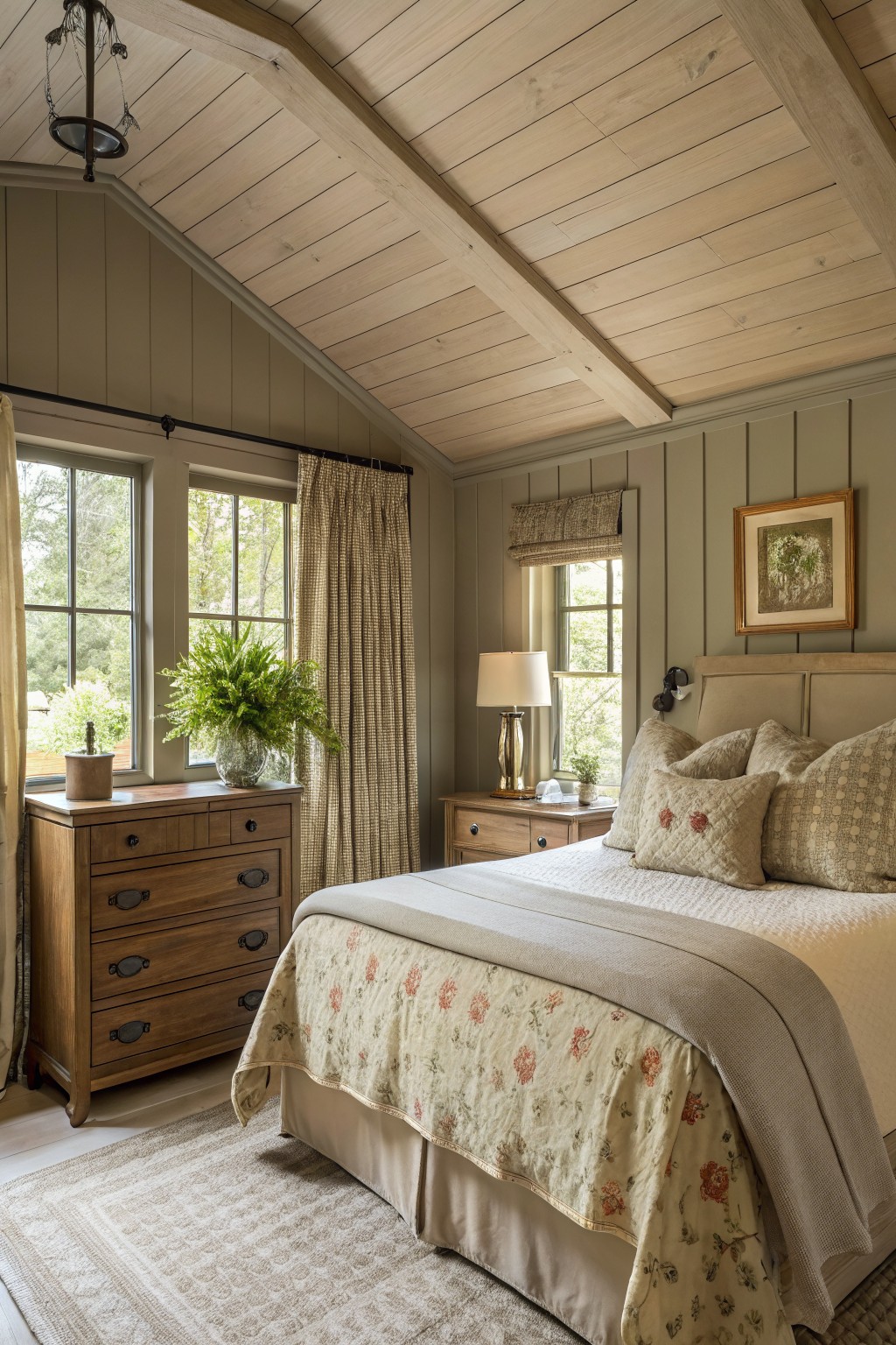 Bedroom interior with walls painted in a soft greige color.