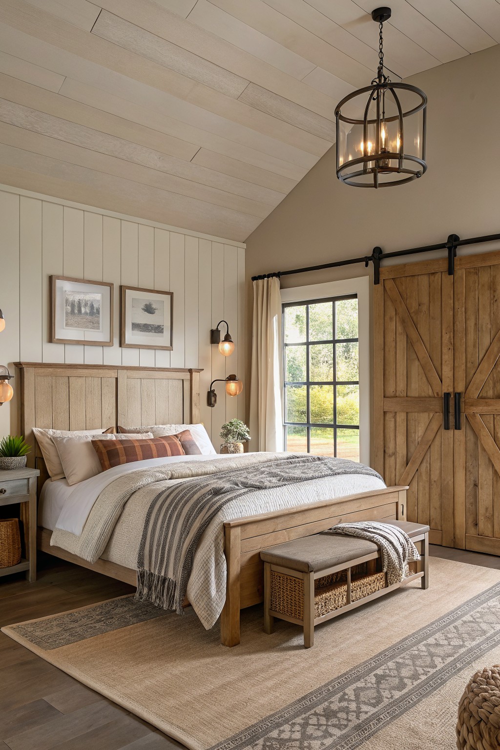 Light greige walls in a bedroom with wood furniture and a sloped ceiling.