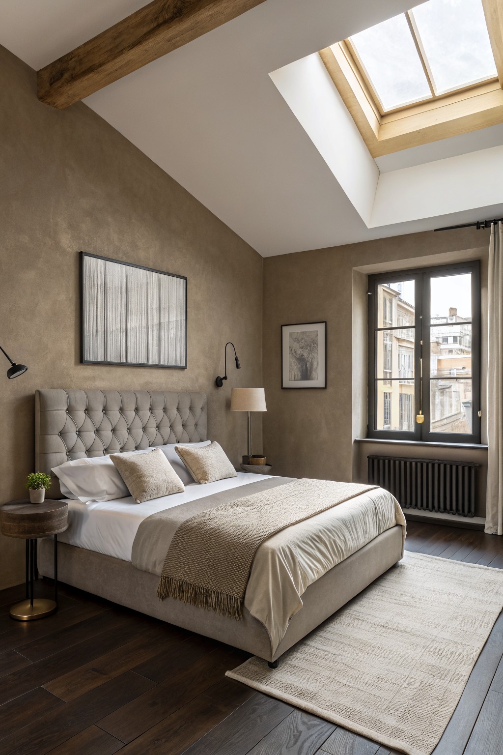 Bedroom walls painted in a soft warm greige.