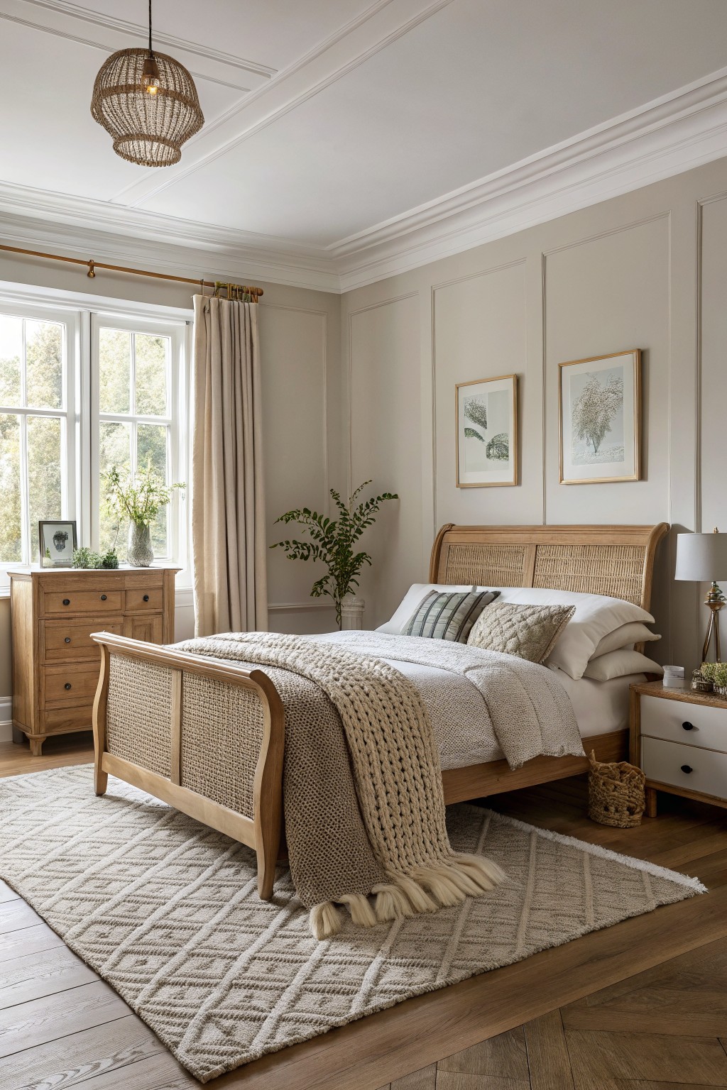 Light greige walls in a bedroom with wood furniture and neutral bedding.