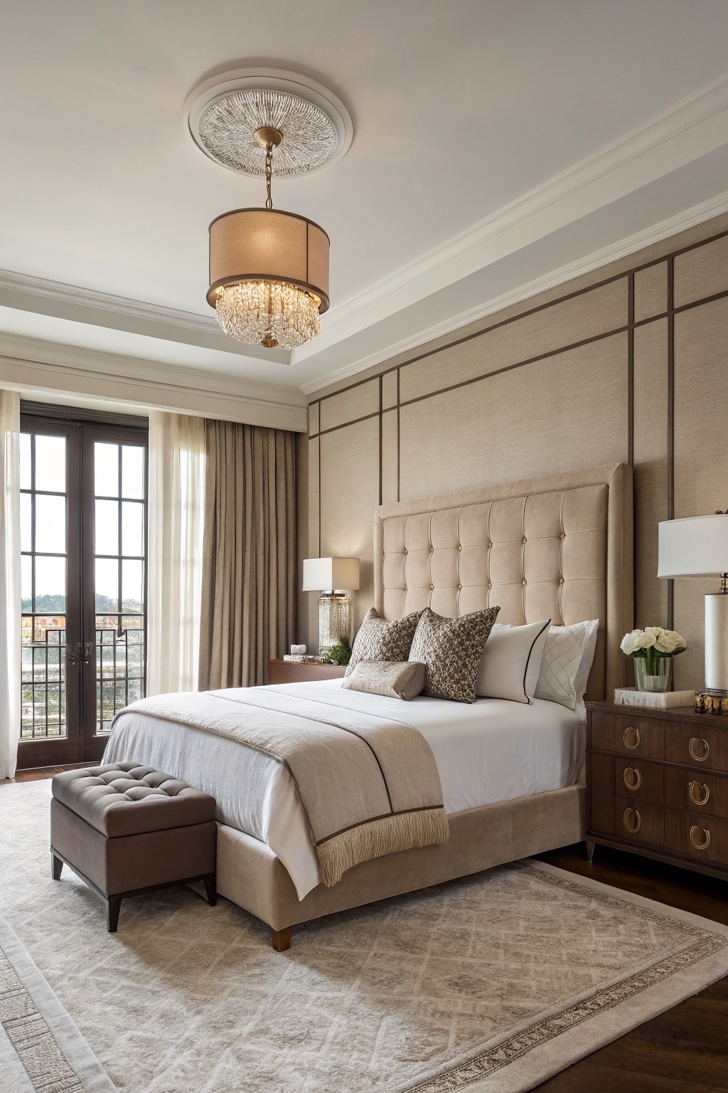 A bedroom with soft greige walls and a large upholstered headboard.