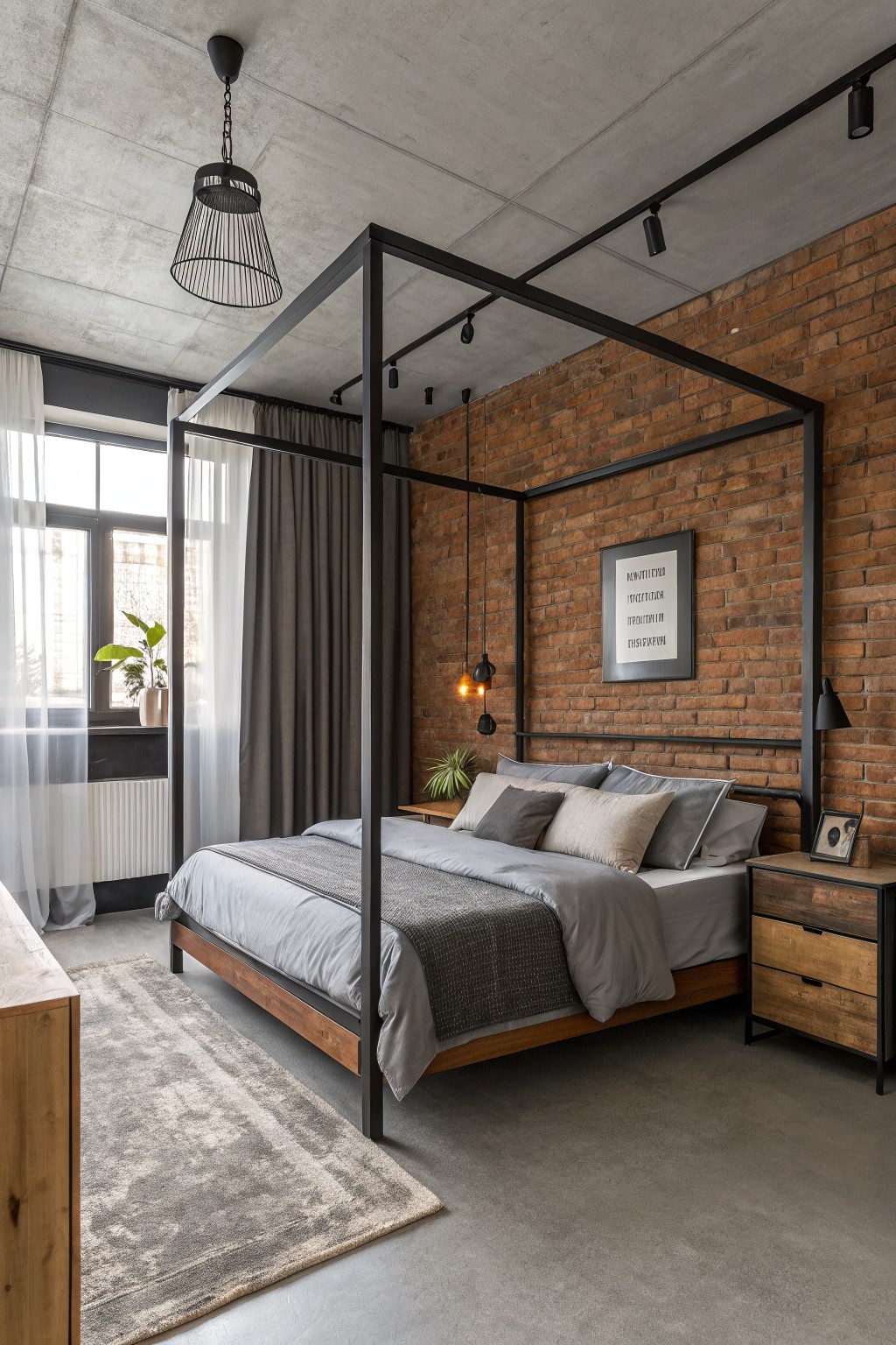 Modern industrial bedroom with black canopy bed, gray bedding, and brick wall