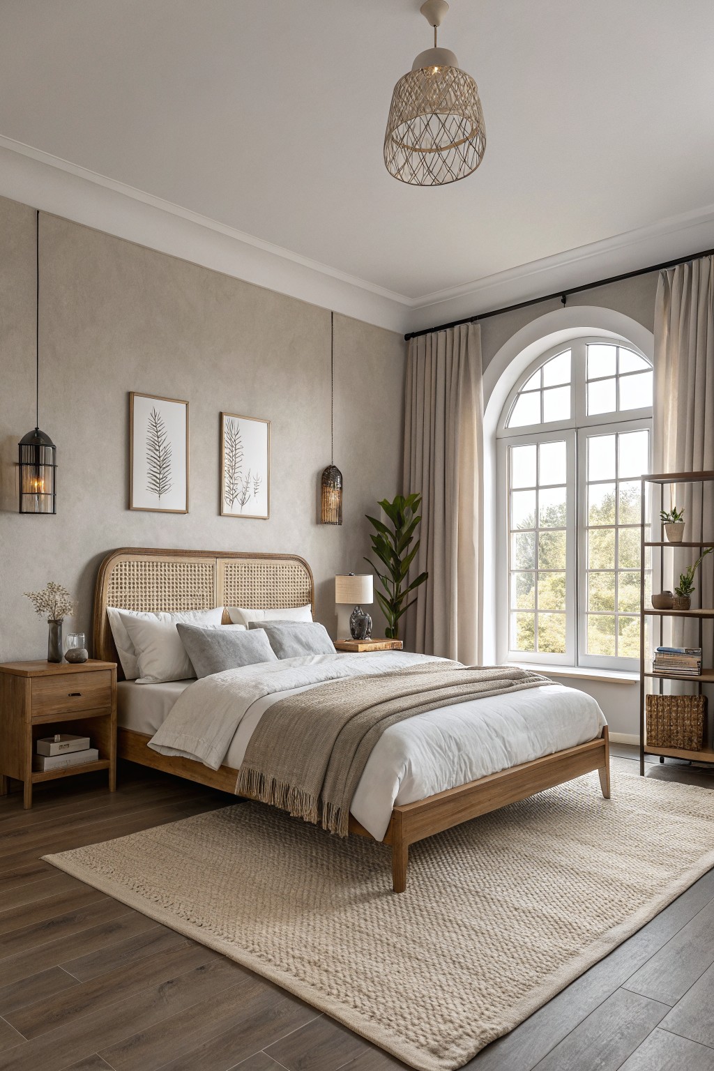 Soft greige walls in a modern neutral bedroom with wood furniture and large windows.