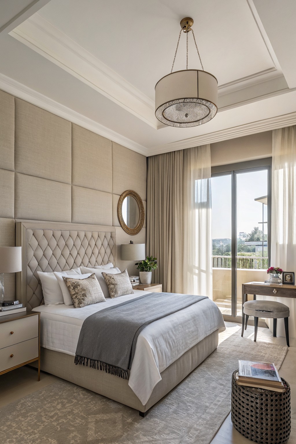 A bedroom featuring soft greige upholstered walls with neutral bedding and trim.