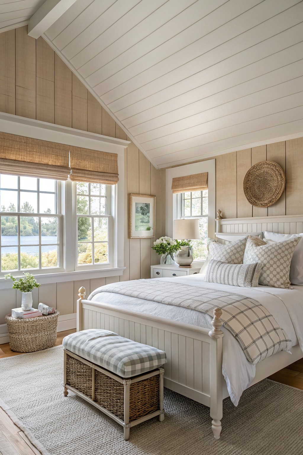 Light greige walls in a neutral bedroom with white trim and wood accents.