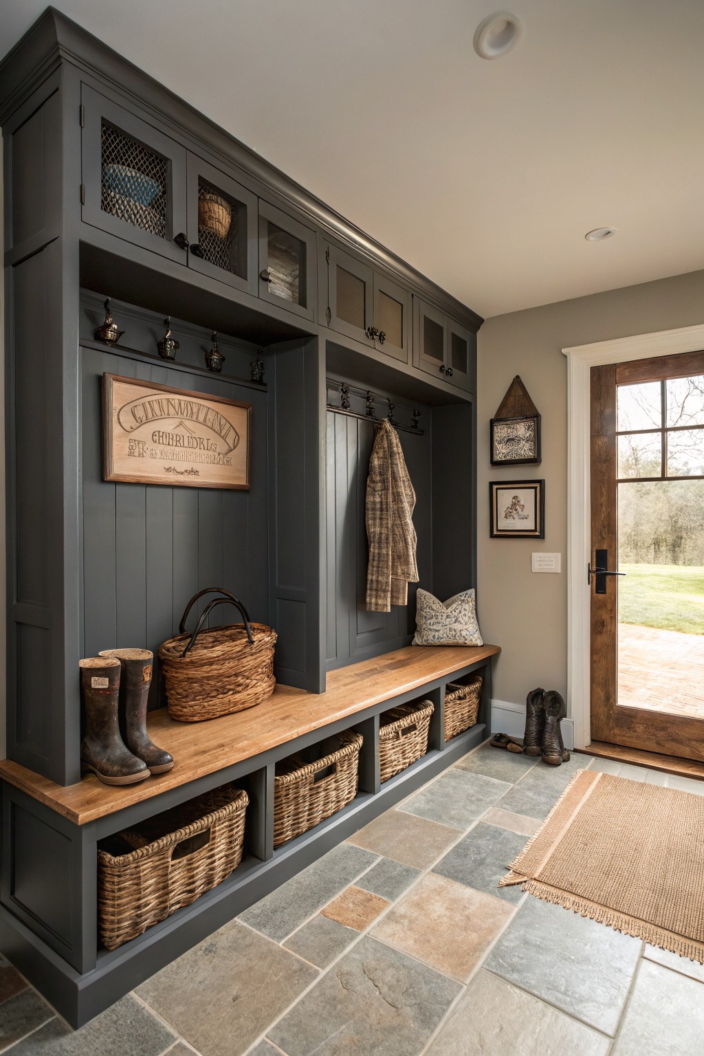 Dark charcoal gray built-in cabinets and bench in a farmhouse mudroom.