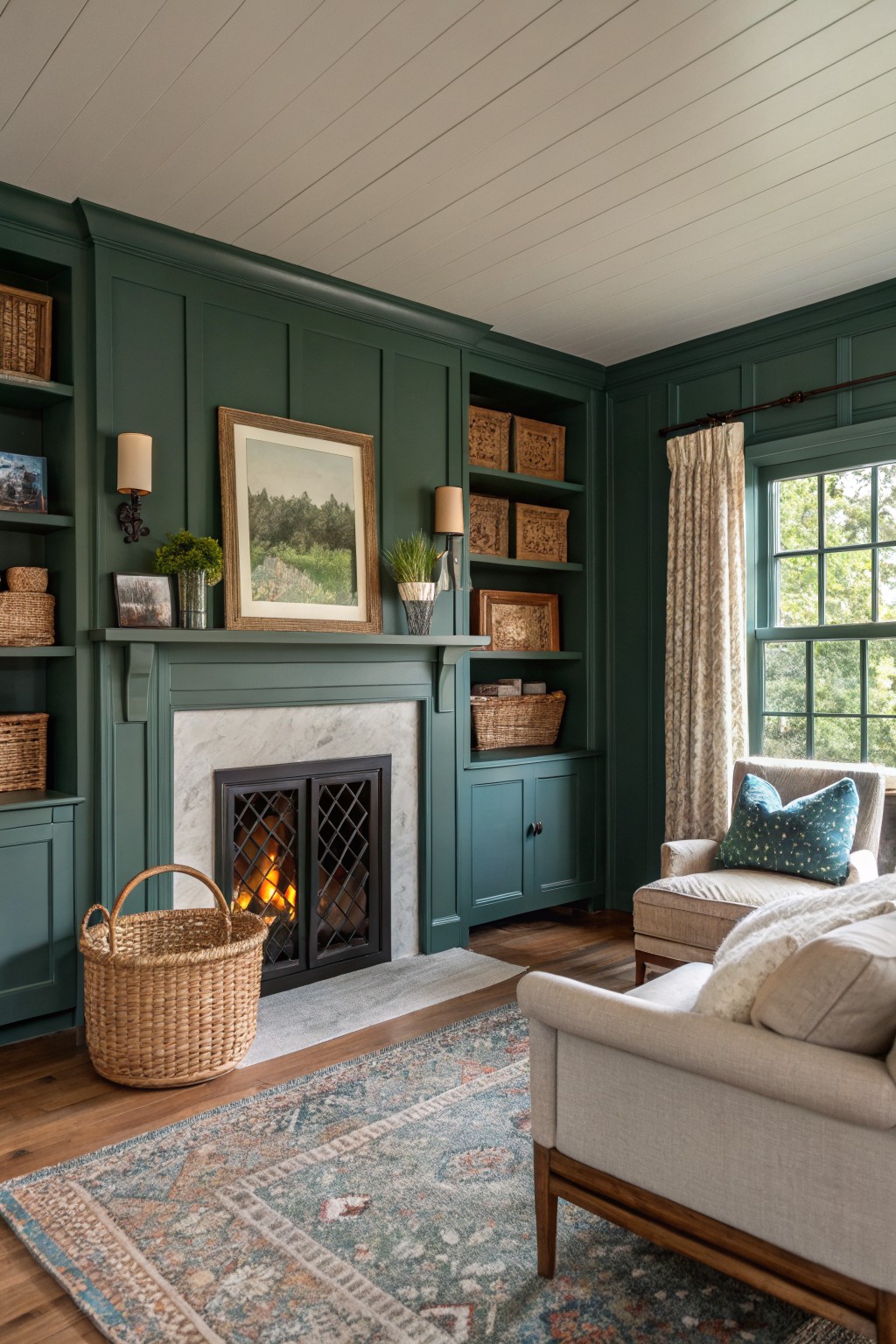 Cozy living room with green fireplace, built-in shelves, patterned rug, and burning fire.