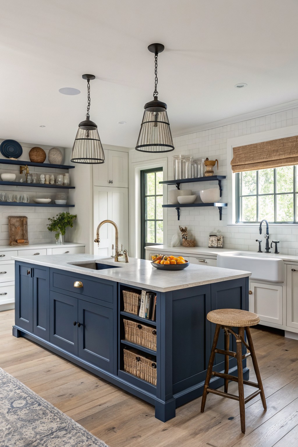 Navy blue kitchen cabinets with a white countertop and wood flooring.
