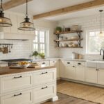 Creamy white kitchen cabinets with black hardware and wood floating shelves.