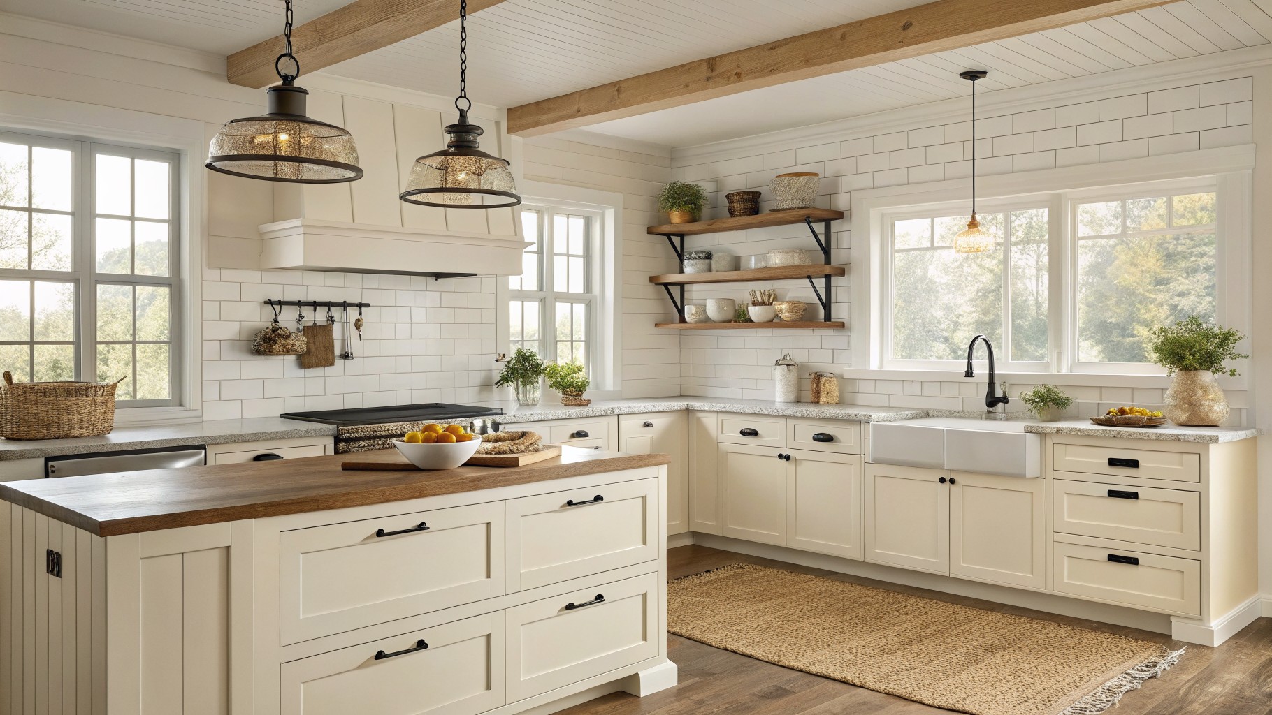 Creamy white kitchen cabinets with black hardware and wood floating shelves.