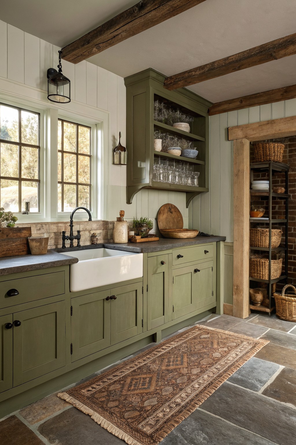 Sage green cabinets run along a kitchen wall with a white farmhouse sink and wood beams overhead.