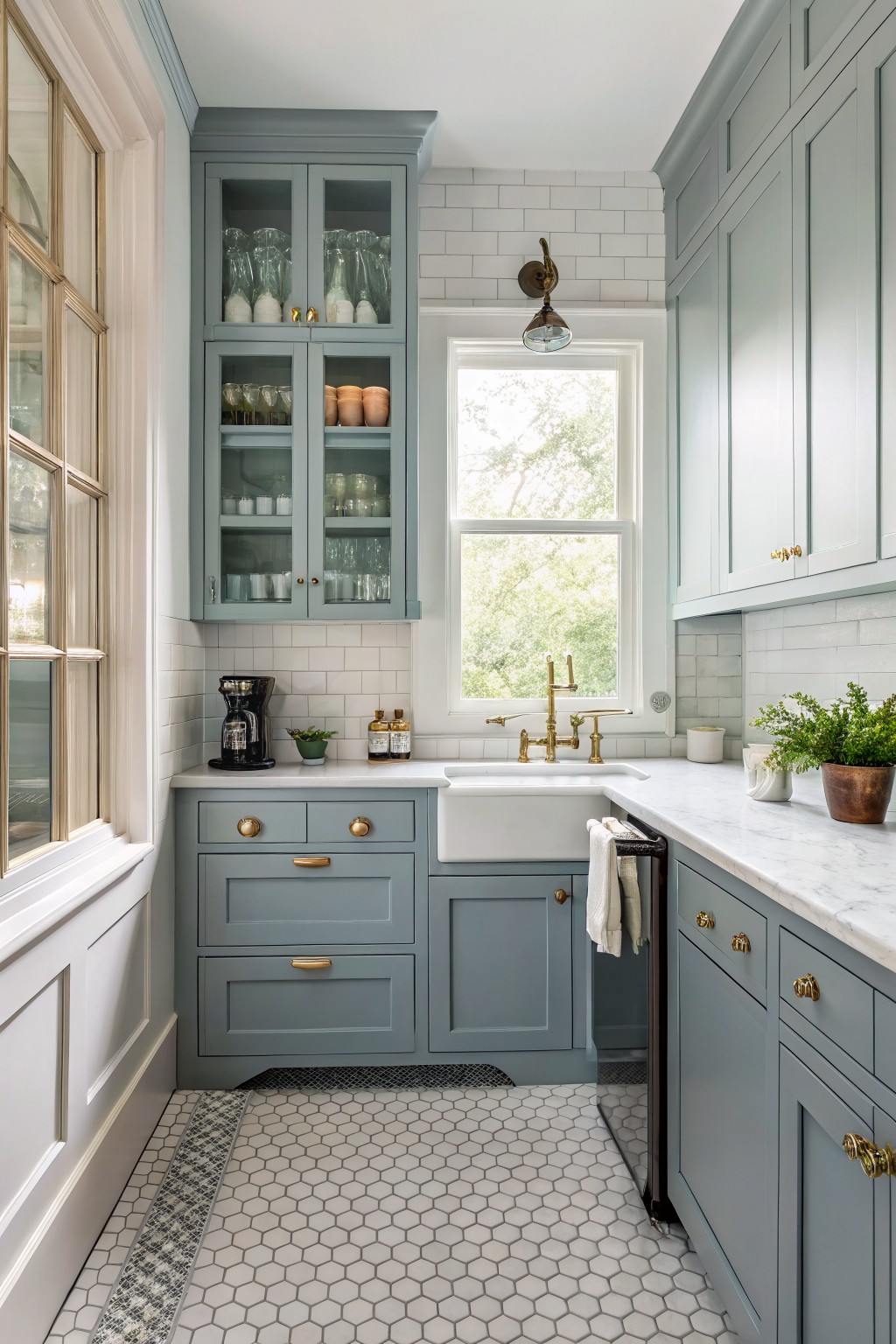 Kitchen cabinets painted in a soft blue gray finish.