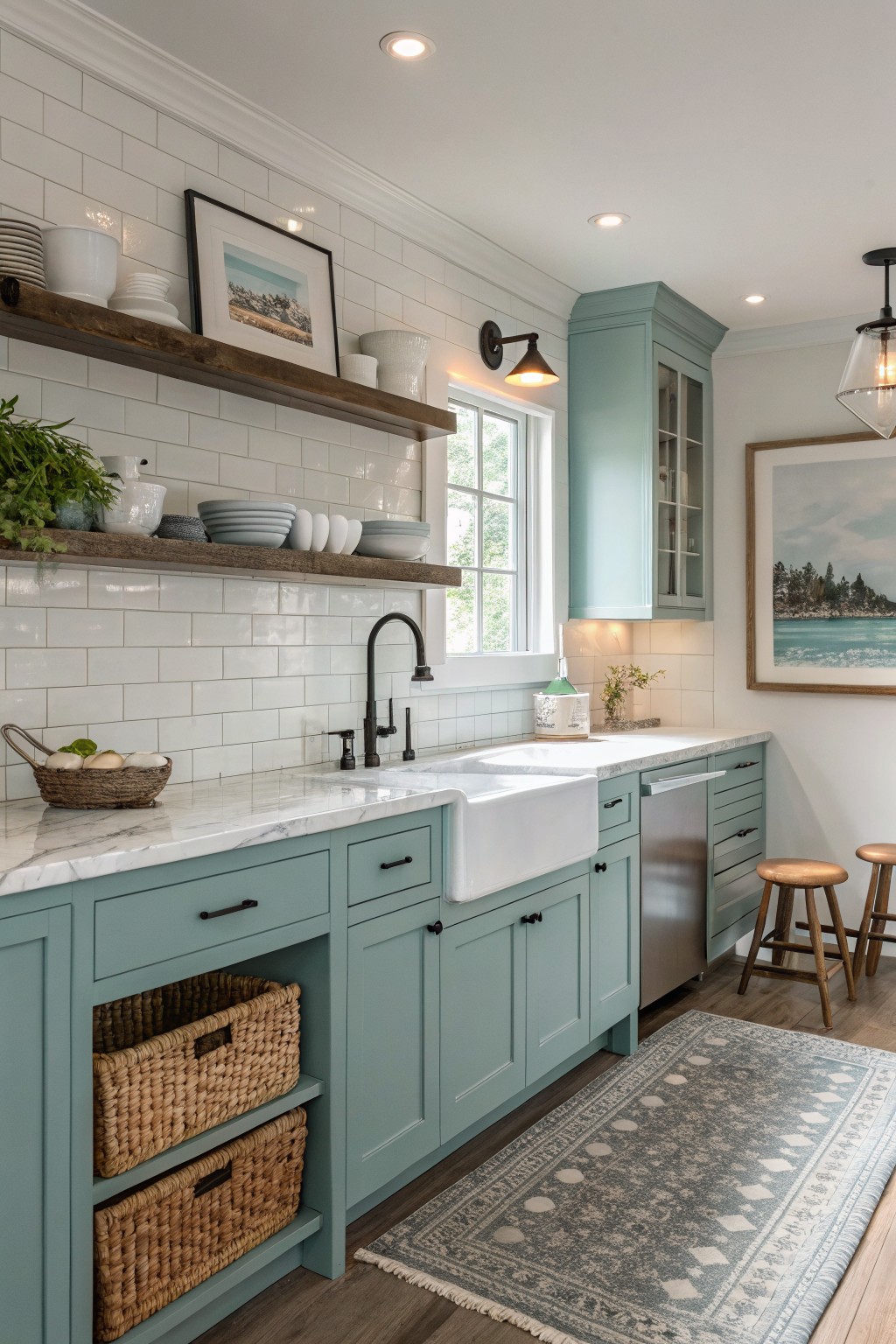 Soft blue-green cabinets in a farmhouse kitchen with white subway tile and marble counters.