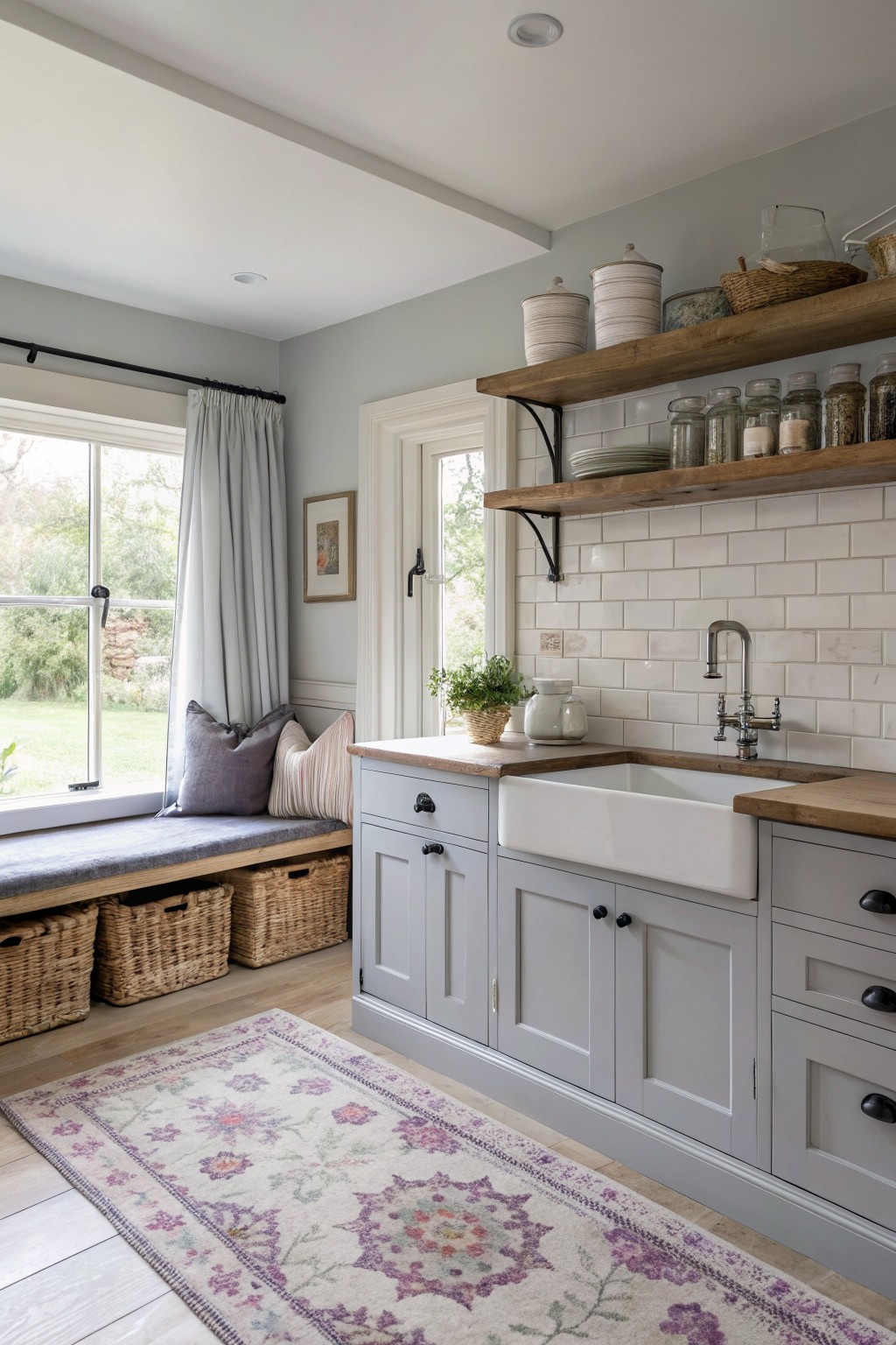 Cozy kitchen with white farmhouse sink, gray cabinets, wooden shelves, and window seat.