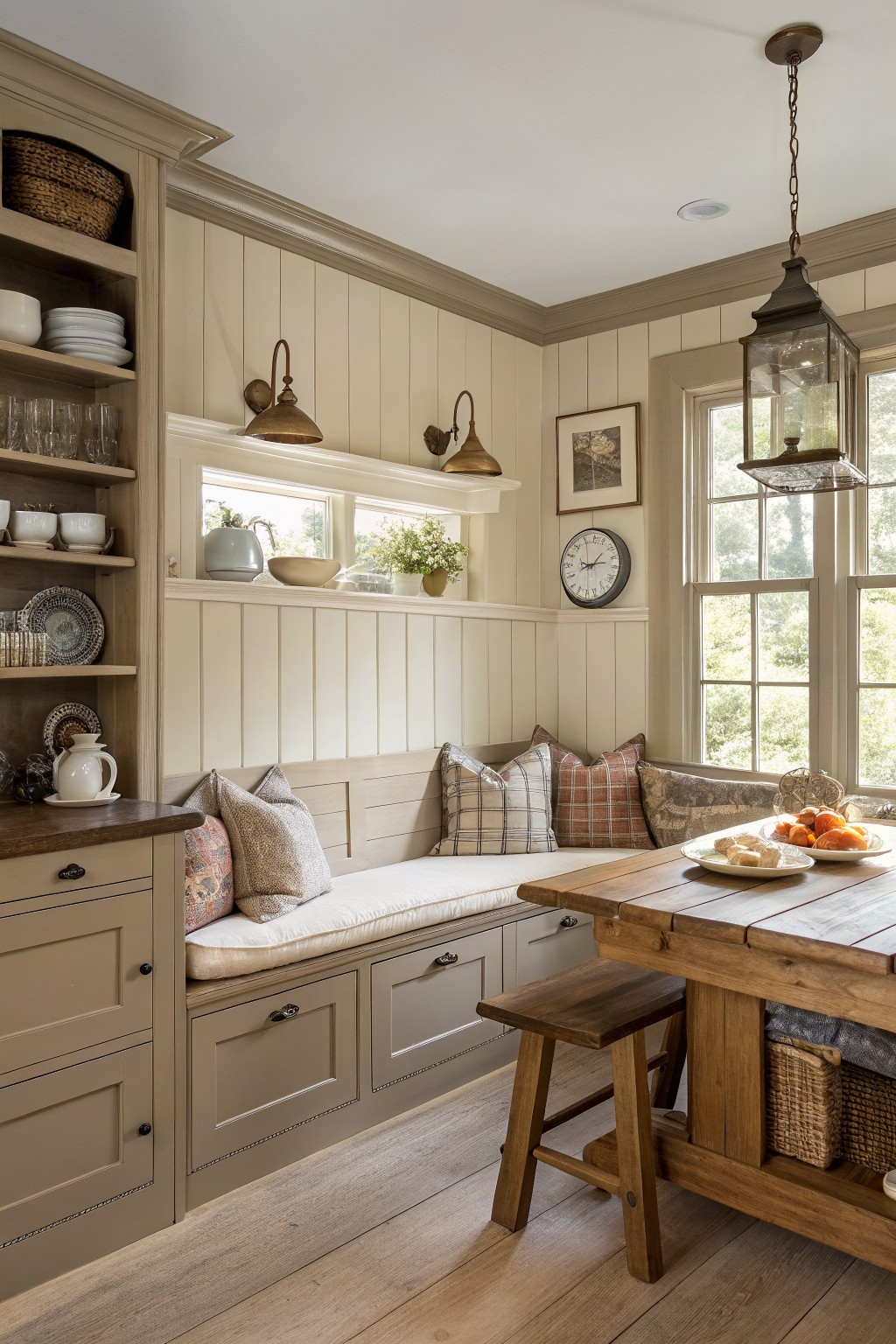 Built-in cabinets and bench painted in a soft greige in a farmhouse kitchen nook.