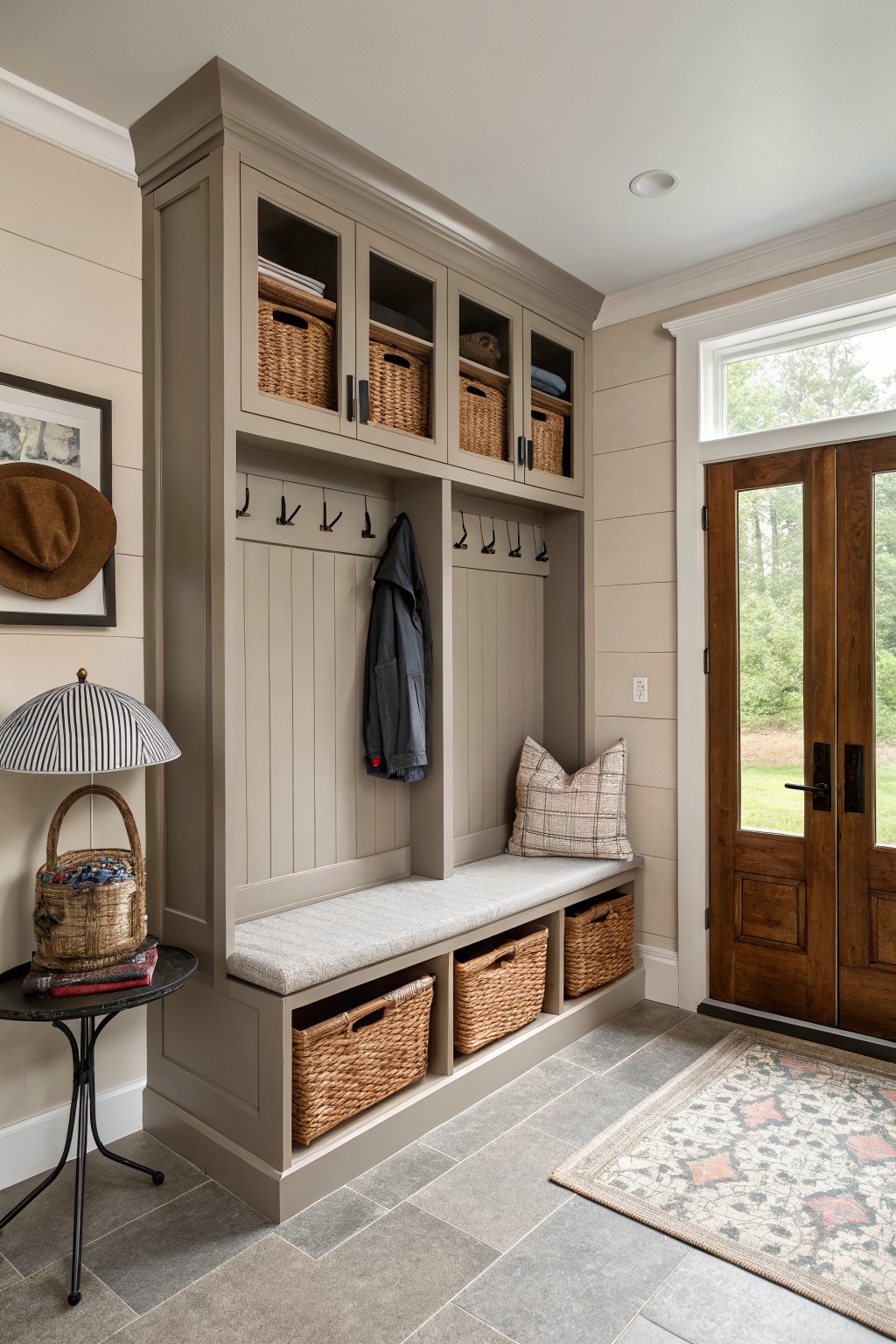 Modern mudroom with beige built-ins, bench, hooks, wicker baskets, and wooden doors.