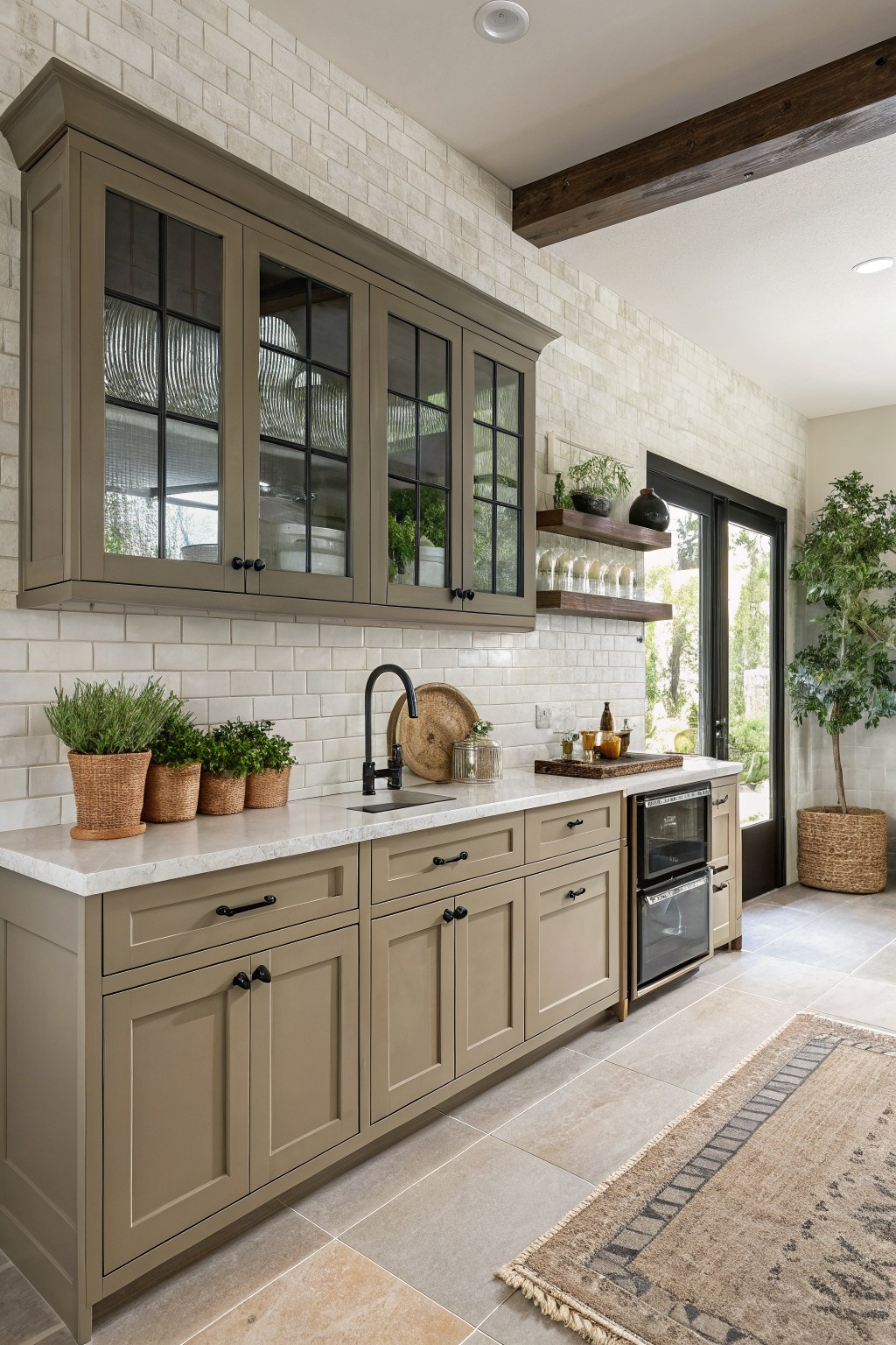 Kitchen cabinets finished in a soft greige paint color.