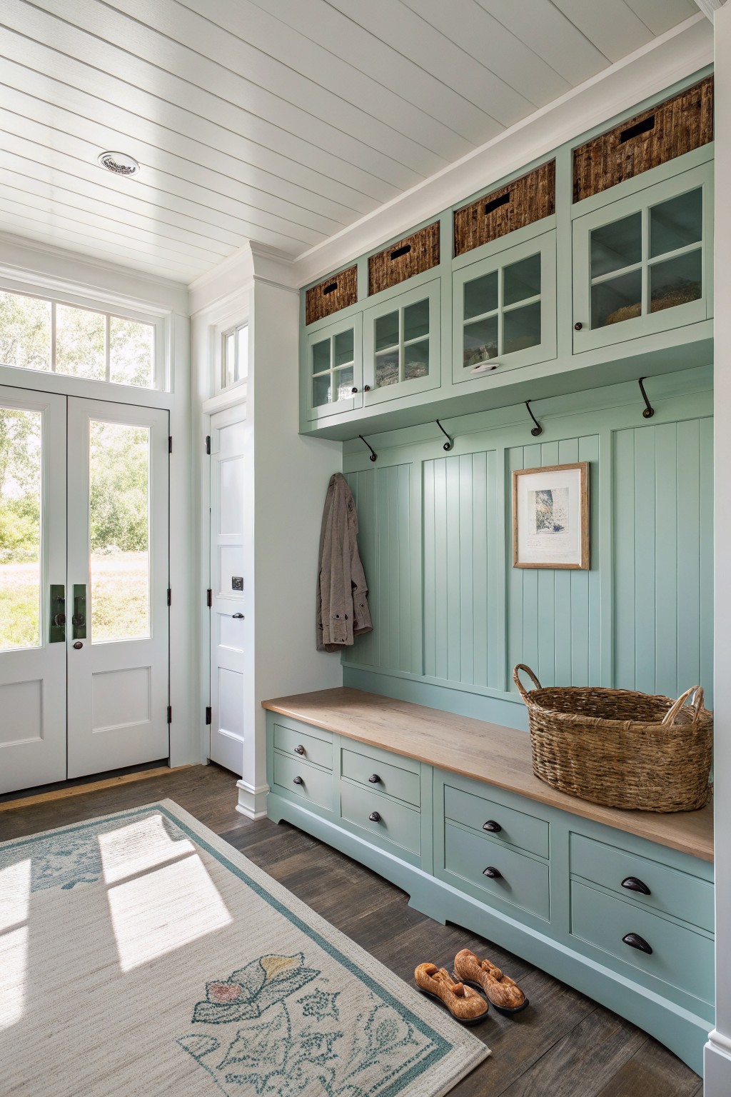 Soft sage green built-in cabinets and bench in a farmhouse mudroom.