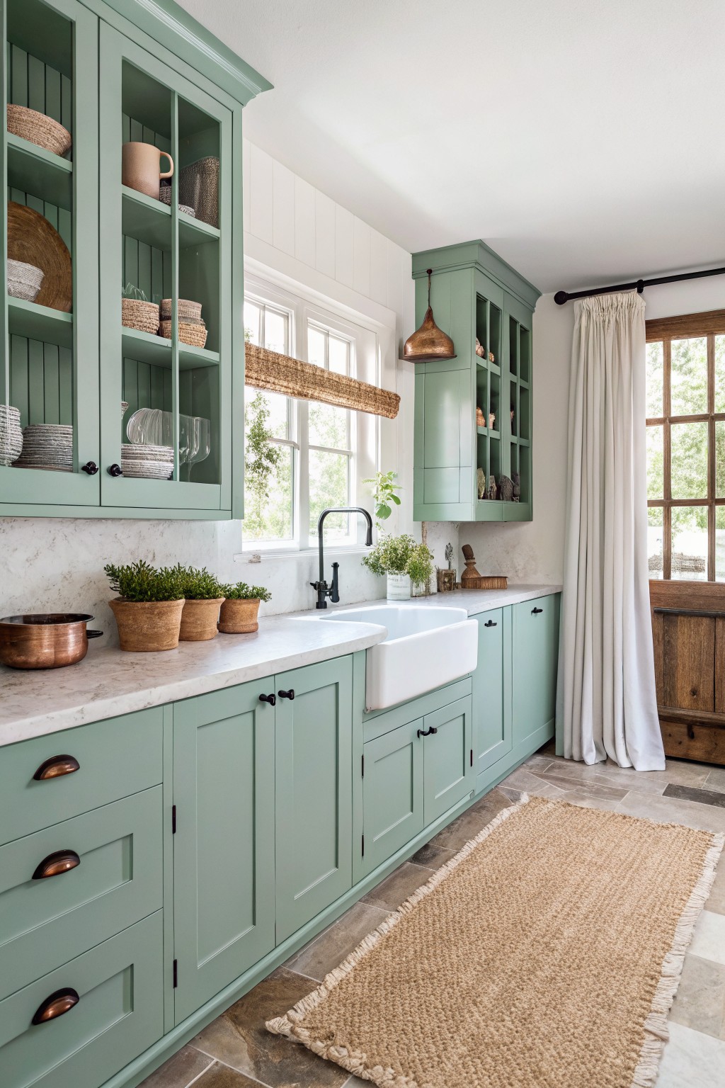 Sage green cabinets with white farmhouse sink, marble counters, and woven rug
