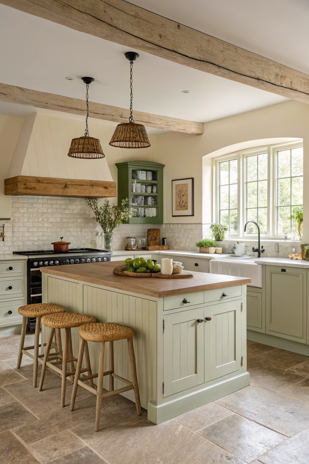 Kitchen island and perimeter cabinets painted in a soft sage green with a wood countertop.
