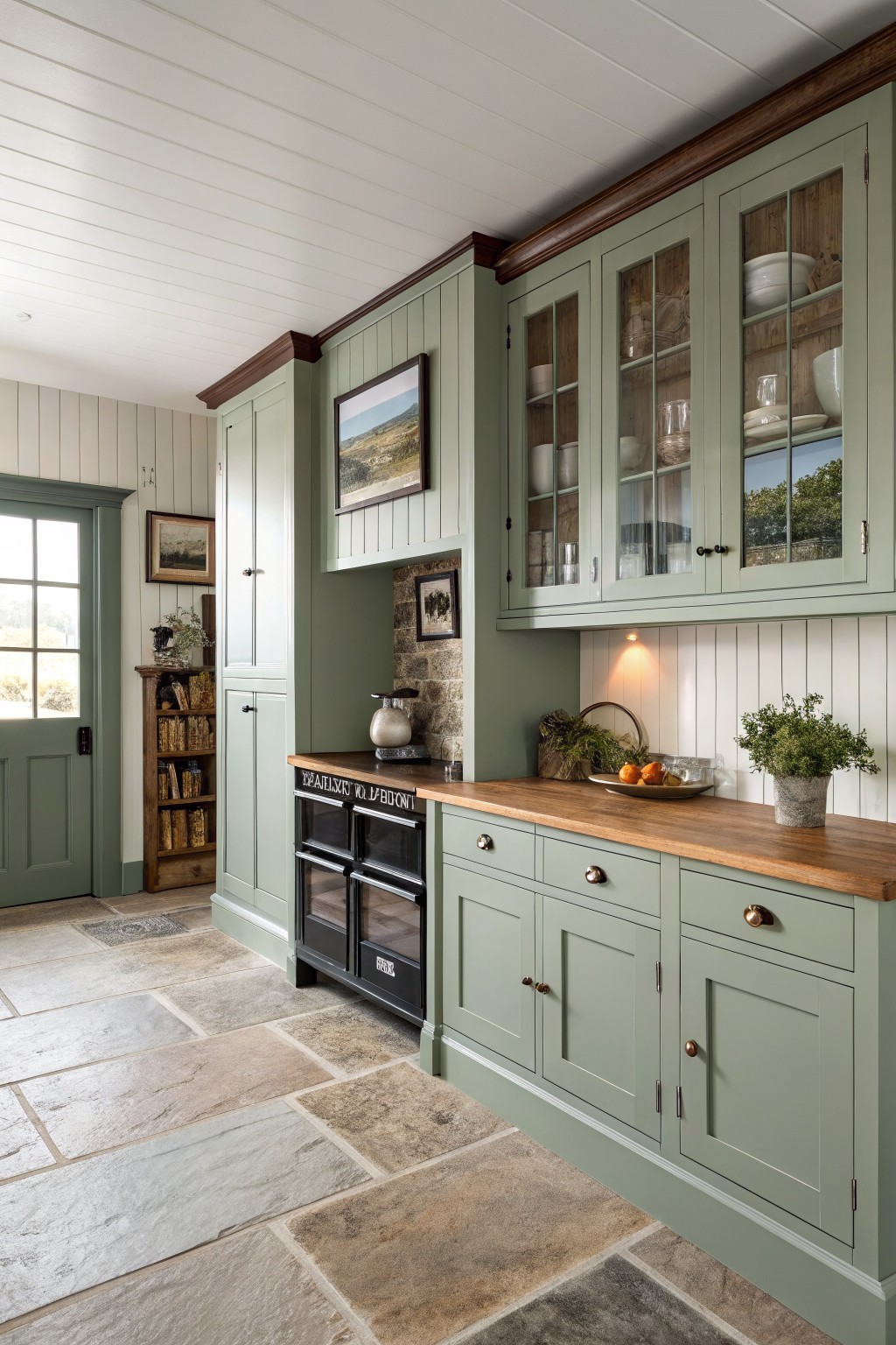Sage green kitchen with wooden counters, black range, and stone floor