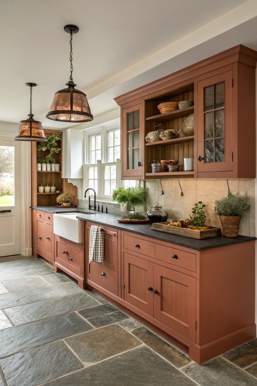 Kitchen with terracotta painted cabinets and dark stone countertops.