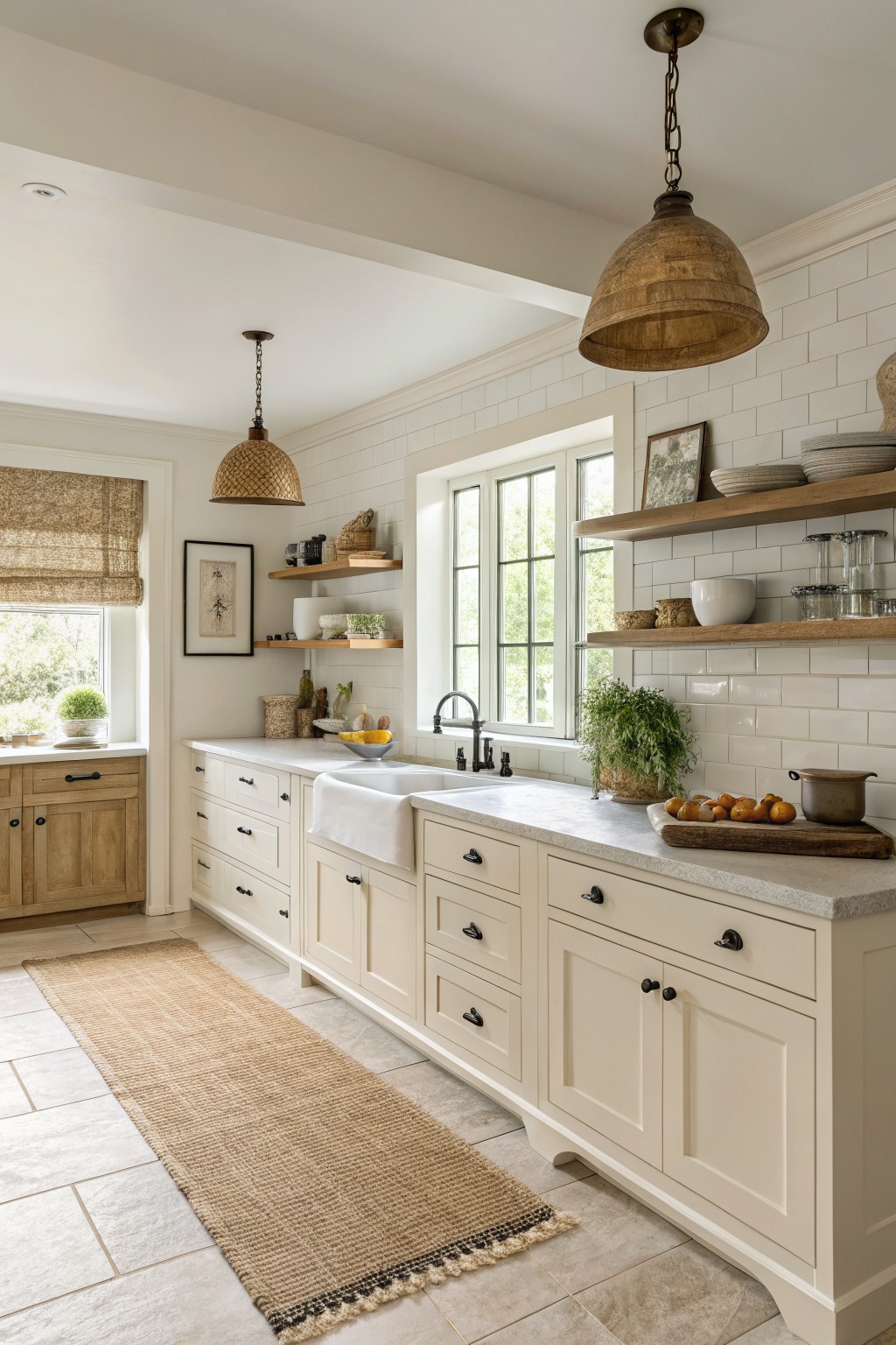 Creamy white kitchen cabinets with black hardware and wood floating shelves.