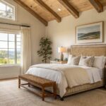 Light warm beige walls in a bedroom with wood ceiling beams and a bed.