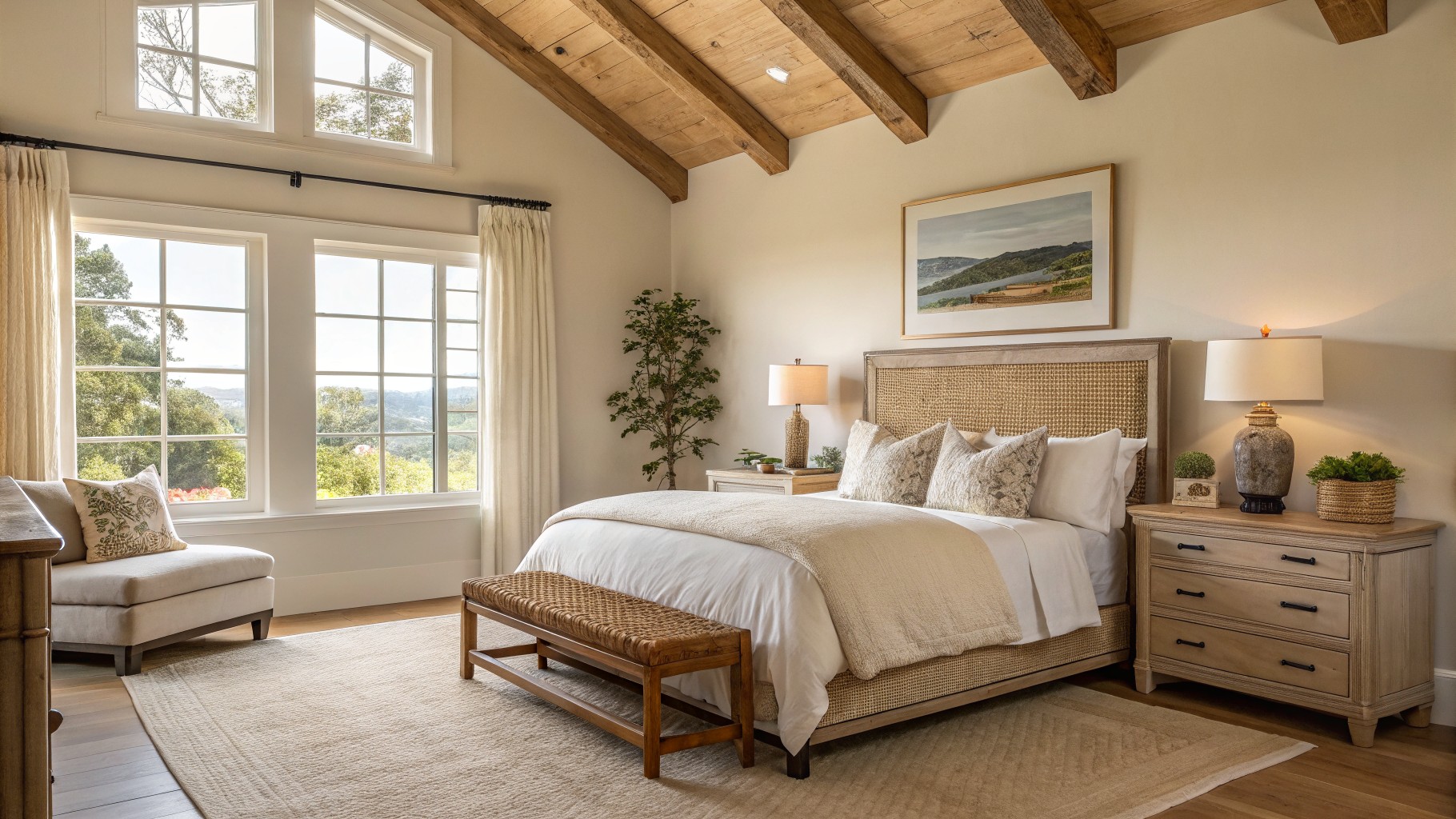 Light warm beige walls in a bedroom with wood ceiling beams and a bed.