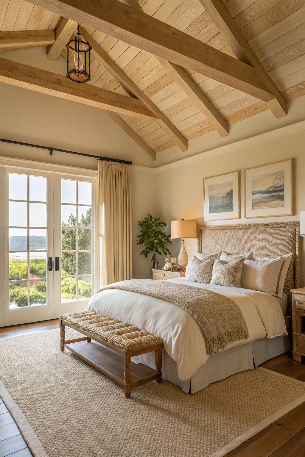 Light warm beige walls in a bedroom with wood ceiling beams and a bed.