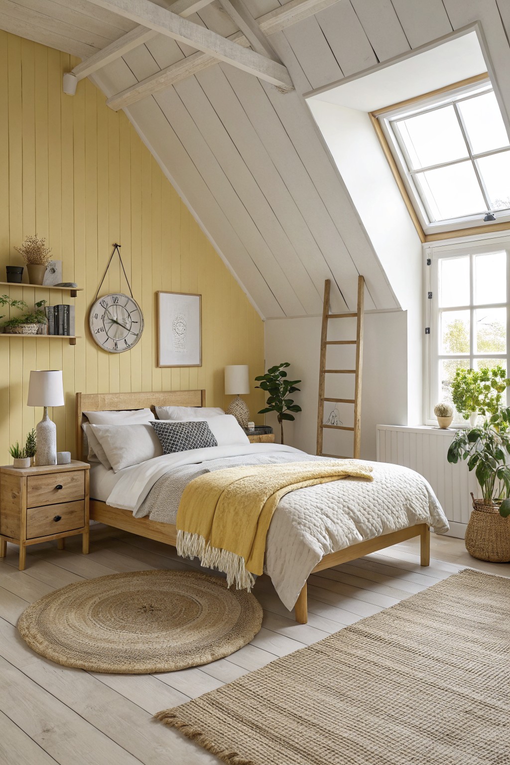 A bedroom with soft yellow walls under a sloped white ceiling.
