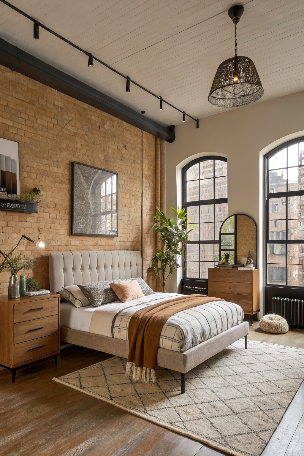 A bedroom with warm beige walls next to an exposed brick accent wall.