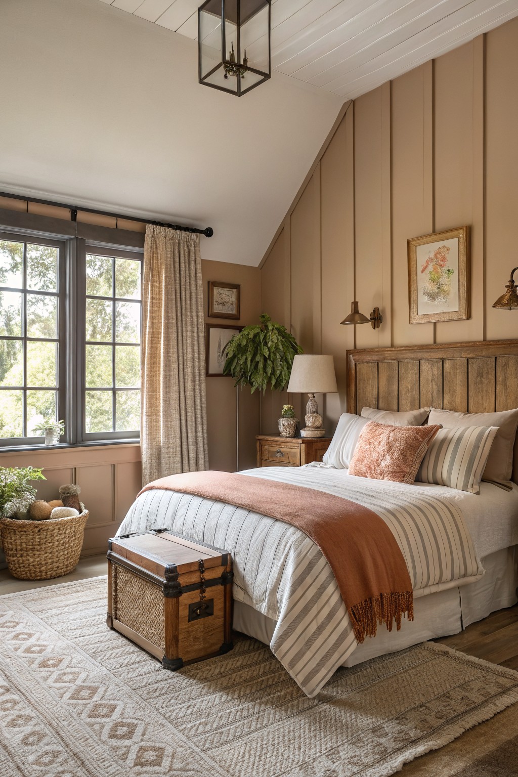A bedroom with warm beige walls and wood furnishings.