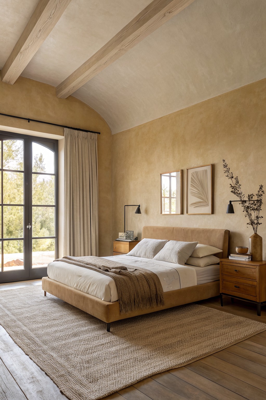 Earth-toned bedroom with upholstered bed, woven rug, nightstands, and arched window with curtains.
