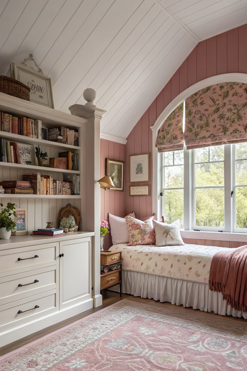 A bedroom with soft pink walls, white built-ins, and a window nook.